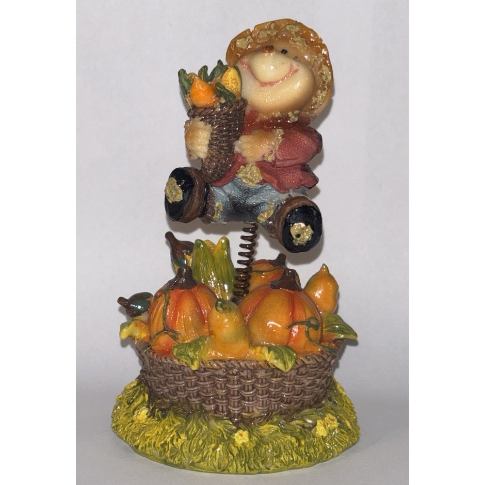 Vintage Scarecrow Harvest Figurine Springing Out Of Basket Thanksgiving Decor 5"